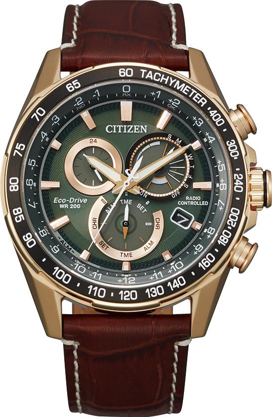 Men's PCAT Eco-Drive Leather Strap watch, Green dial