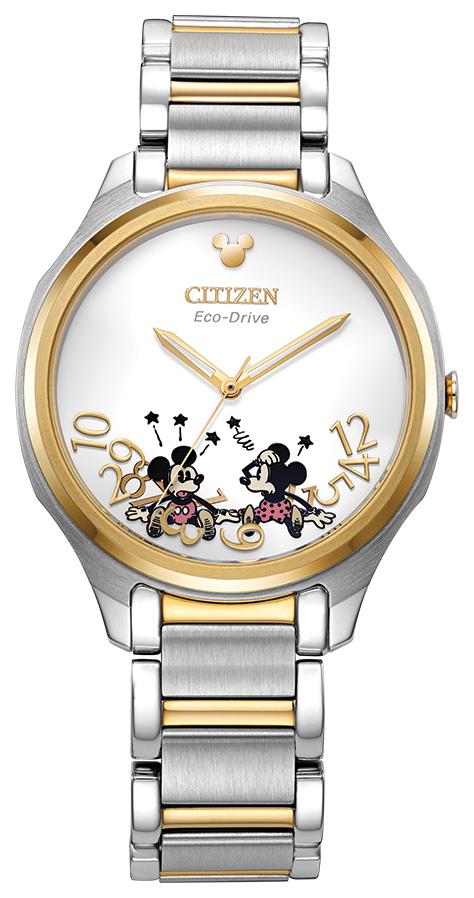 Ladies' Falling Mickey & Minnie Eco-Drive Two-Tone SS Watch, Silver Dial