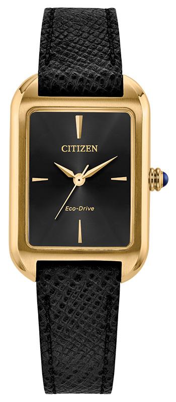 Ladies Dress Classic Eco-Drive Black Leather Strap Rectangle Watch Black Dial