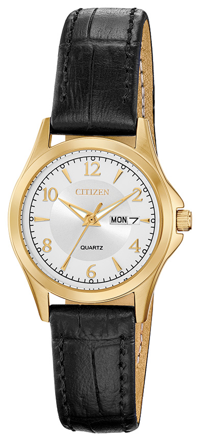 Ladies' Quartz Watch, Black Leather Strap with Silver Dial