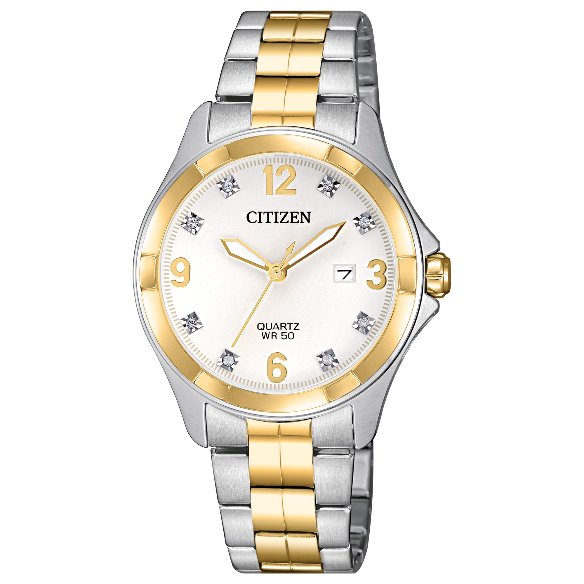 Ladies' Quartz Watch, Two-tone Stainless Steel with White & brilliant Crystal dial