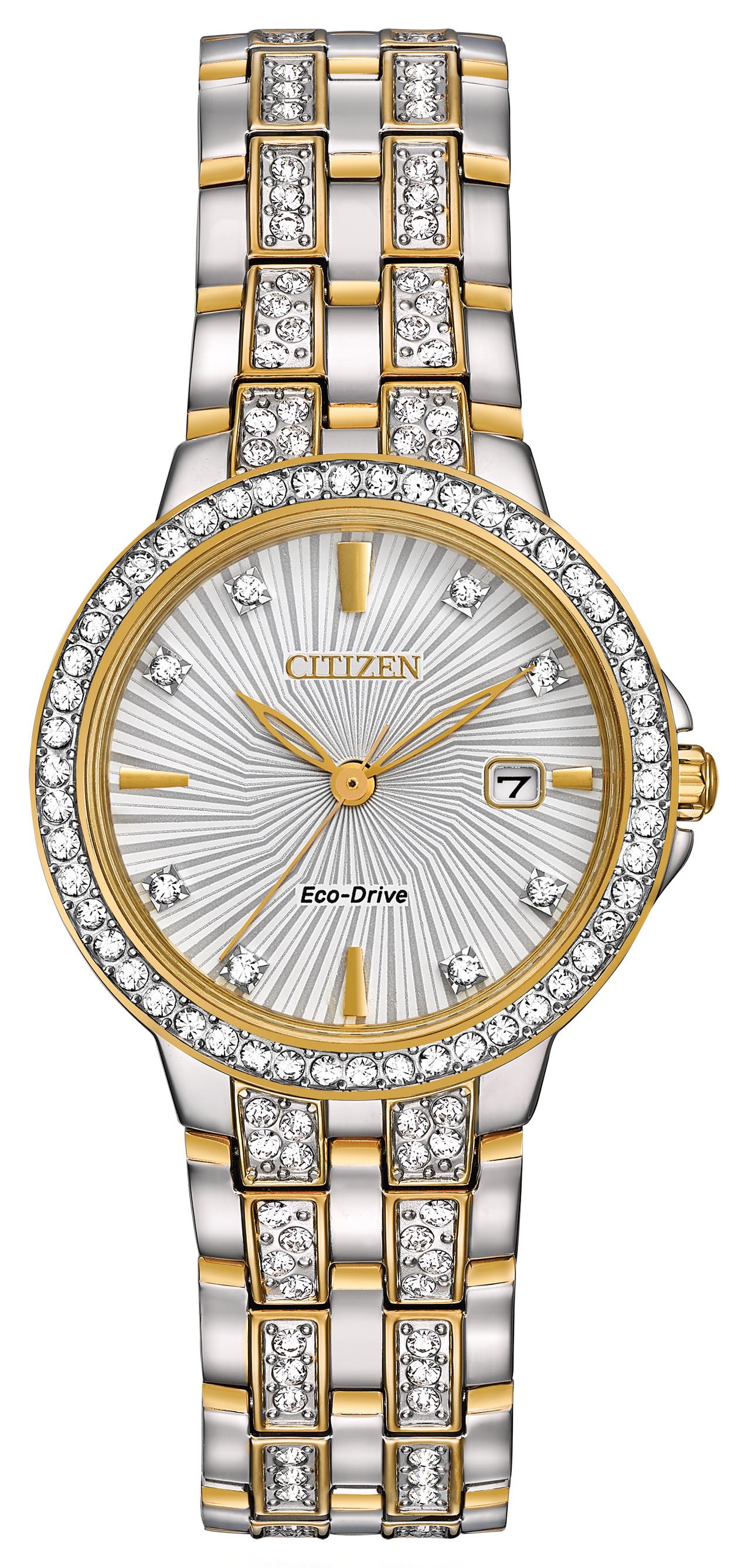Ladies' Crystal Eco-Drive Stainless Steel Bracelet watch, Silver-Tone dial