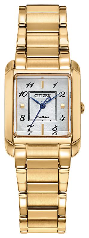 Ladies' Bianca Eco-Drive Gold-Tone SS Rectangle Watch, Mother-of-Pearl Dial