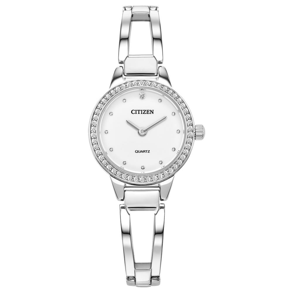 Ladies' Quartz Silver tone Crystal bangle watch with White dial