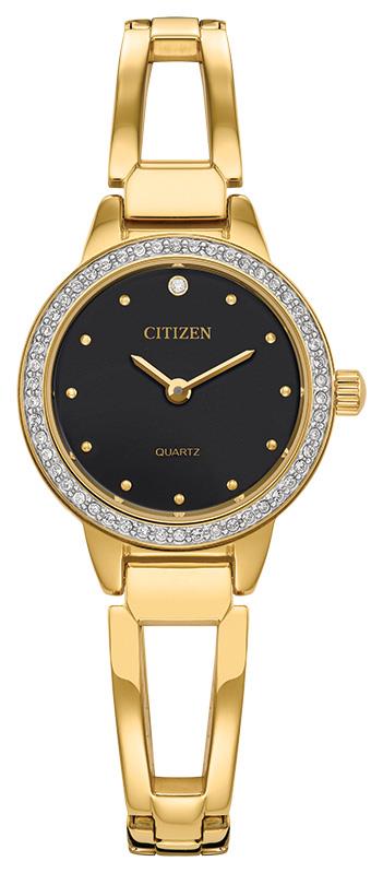 Ladies' Quartz Gold tone Crystal bangle watch with black dial