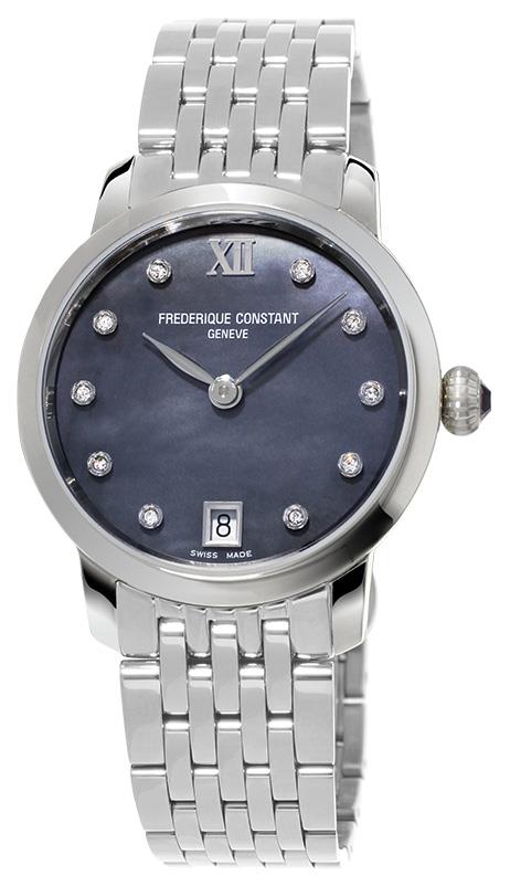 Ladies FC Slimline Quartz Silver-Tone Stainless Steel Bracelet watch, Black dial