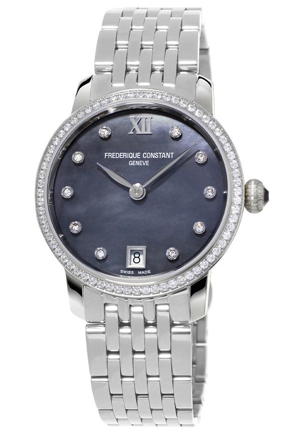 Ladies FC Slimline Quartz Silver-Tone Stainless Steel Bracelet watch, Dark gray MOP dial