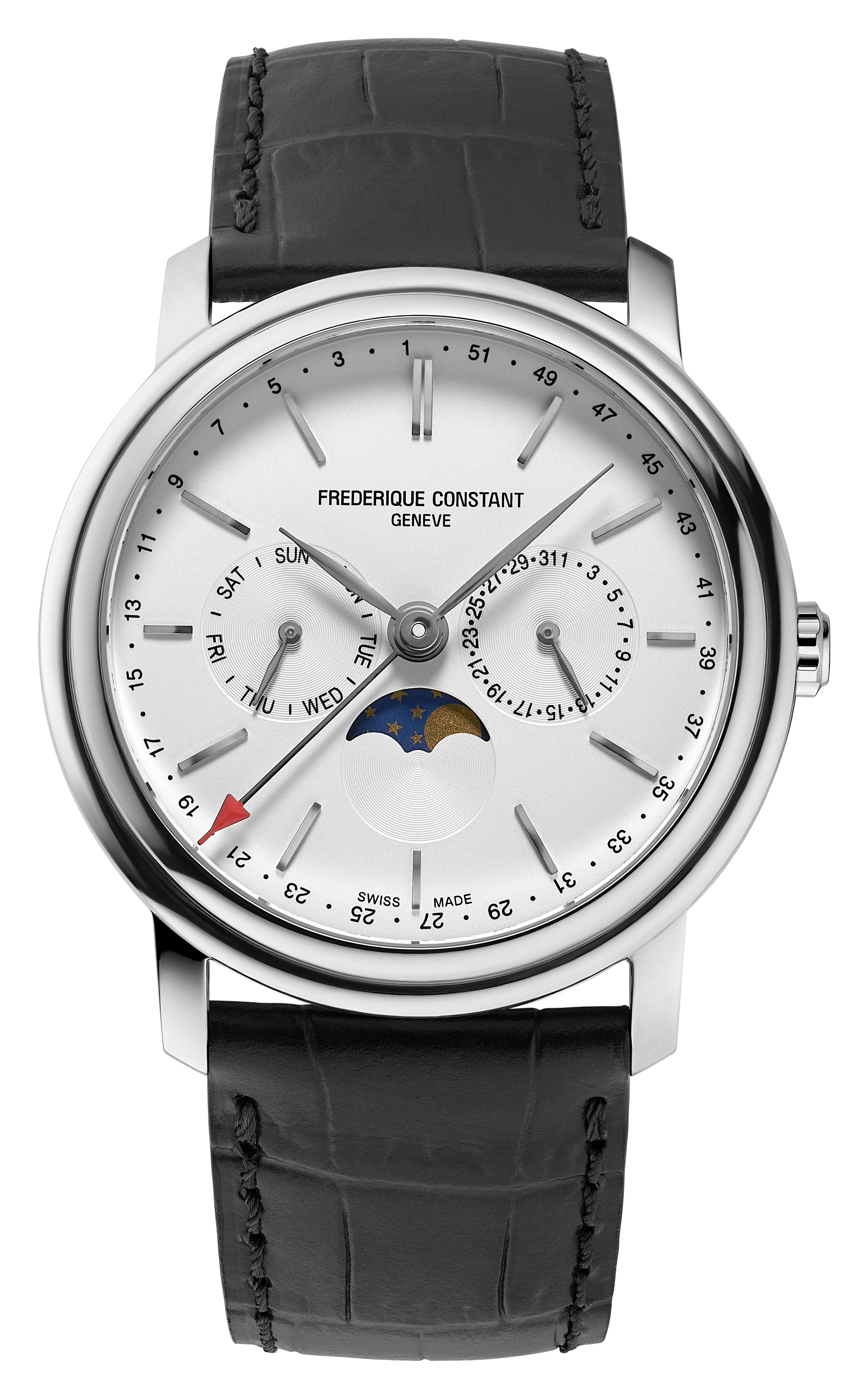 Men's Frederique Constant CLASSICS BUSINESS TIMER Leather Strap watch, Silver-Tone dial