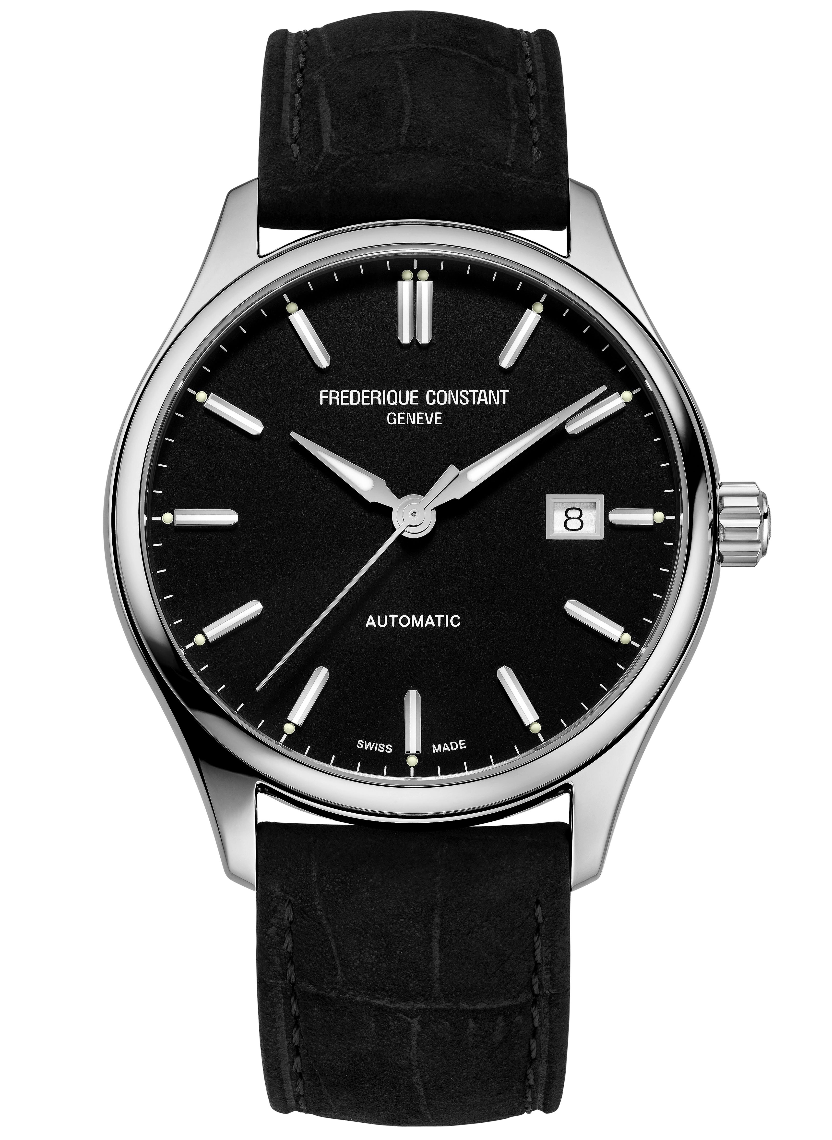 Frederique Constant Mens Classic Automatic Black Leather Strap watch with Black dial