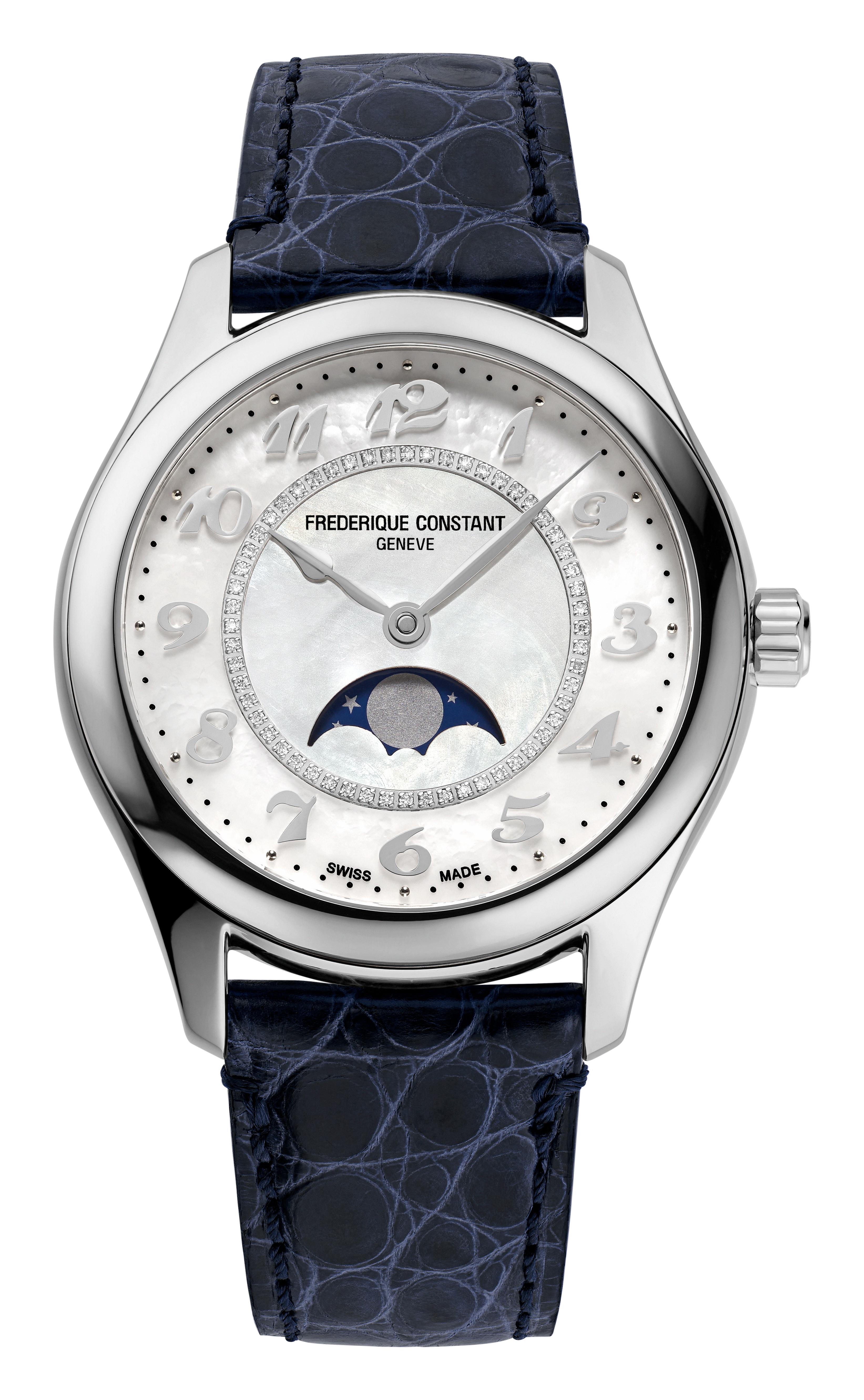 Ladies' Frederique Constant Automatic Moonphase Leather Strap watch, White MOP dial