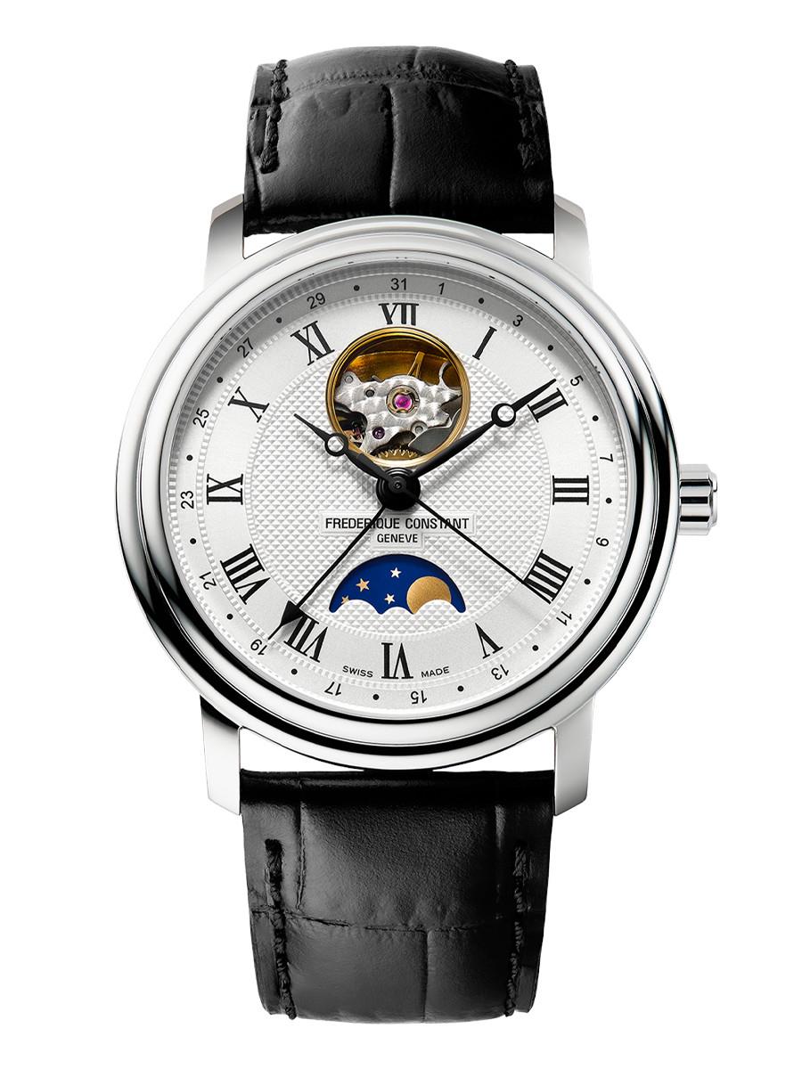 Men's Classics Heartbeat Moonphase Automatic Leather Strap watch, Silver-Tone dial