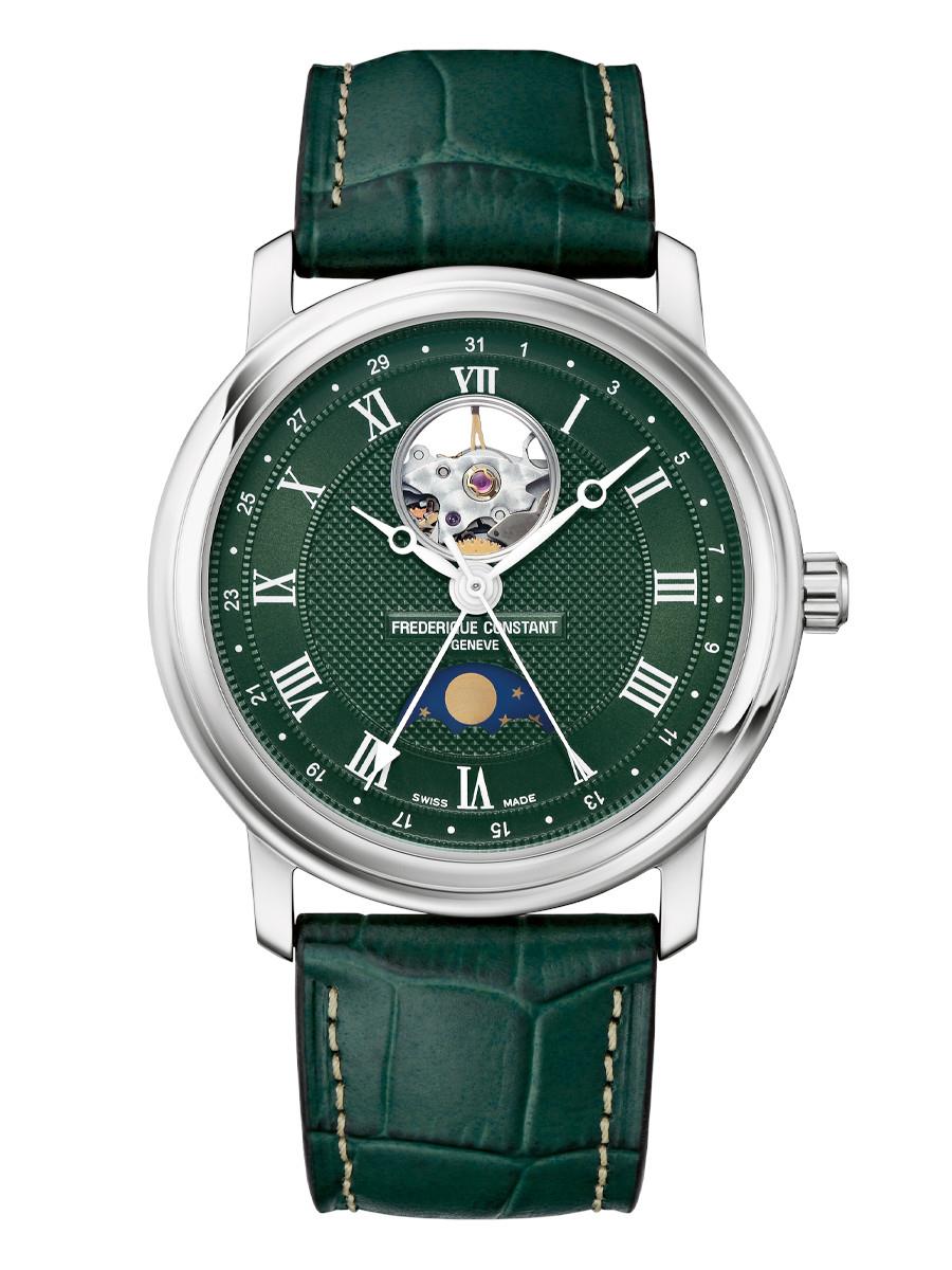 Men's Classic Heart Beat Moonphase Date Green Leather Strap Watch, Green Dial