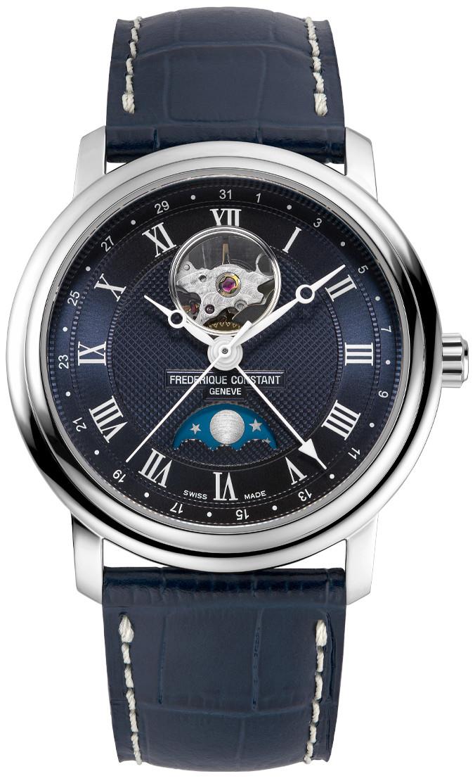 Frederique Constant Men's CLASSICS HEARTBEAT MOONPHASE AUTOMATIC Leather Strap watch, Blue dial