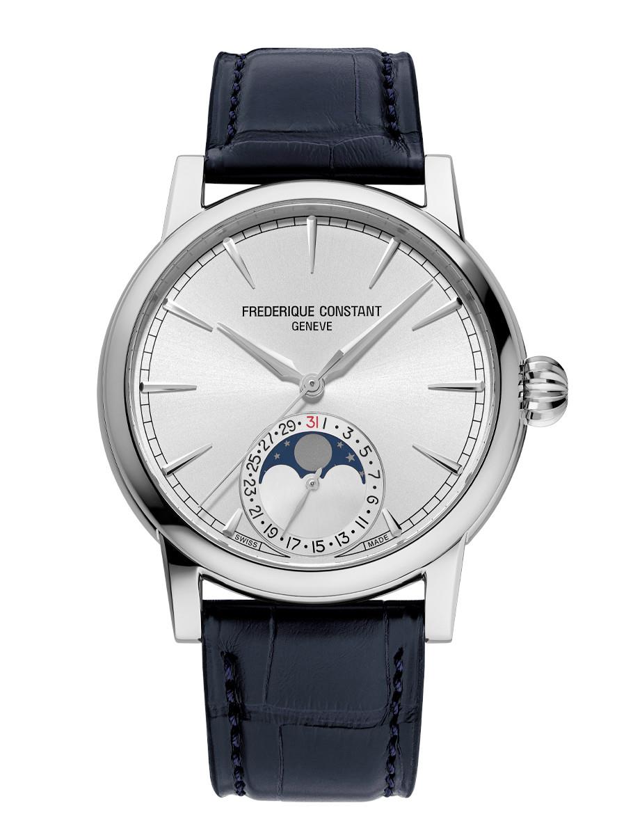 Men's Classic Moonphase Date Manufacture Genuine Alligator Strap watch, Silver-Tone dial