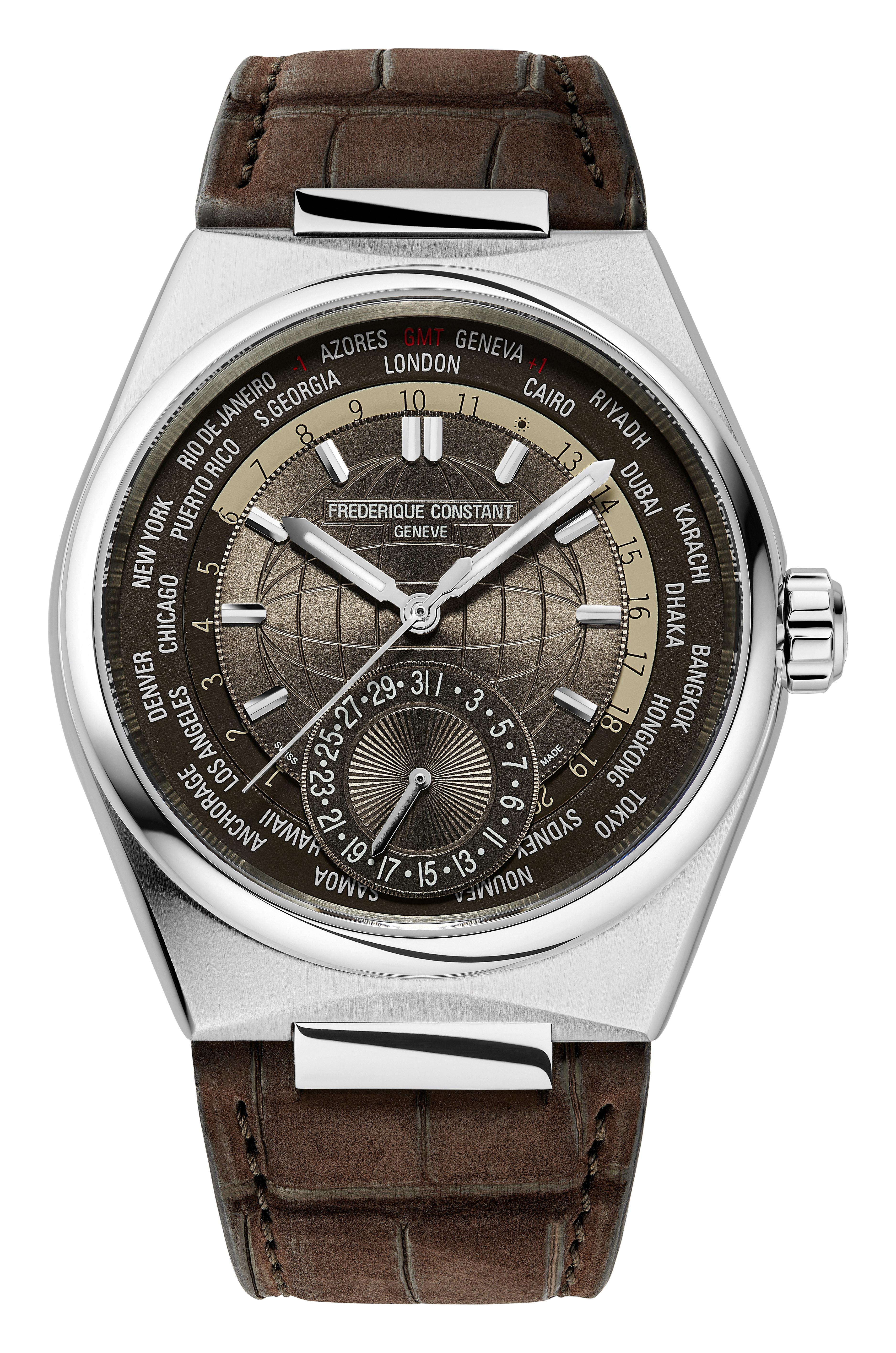 Men's Frederique Constant HIGHLIFE WORLDTIMER MANUFACTURE Leather Strap watch, Brown dial