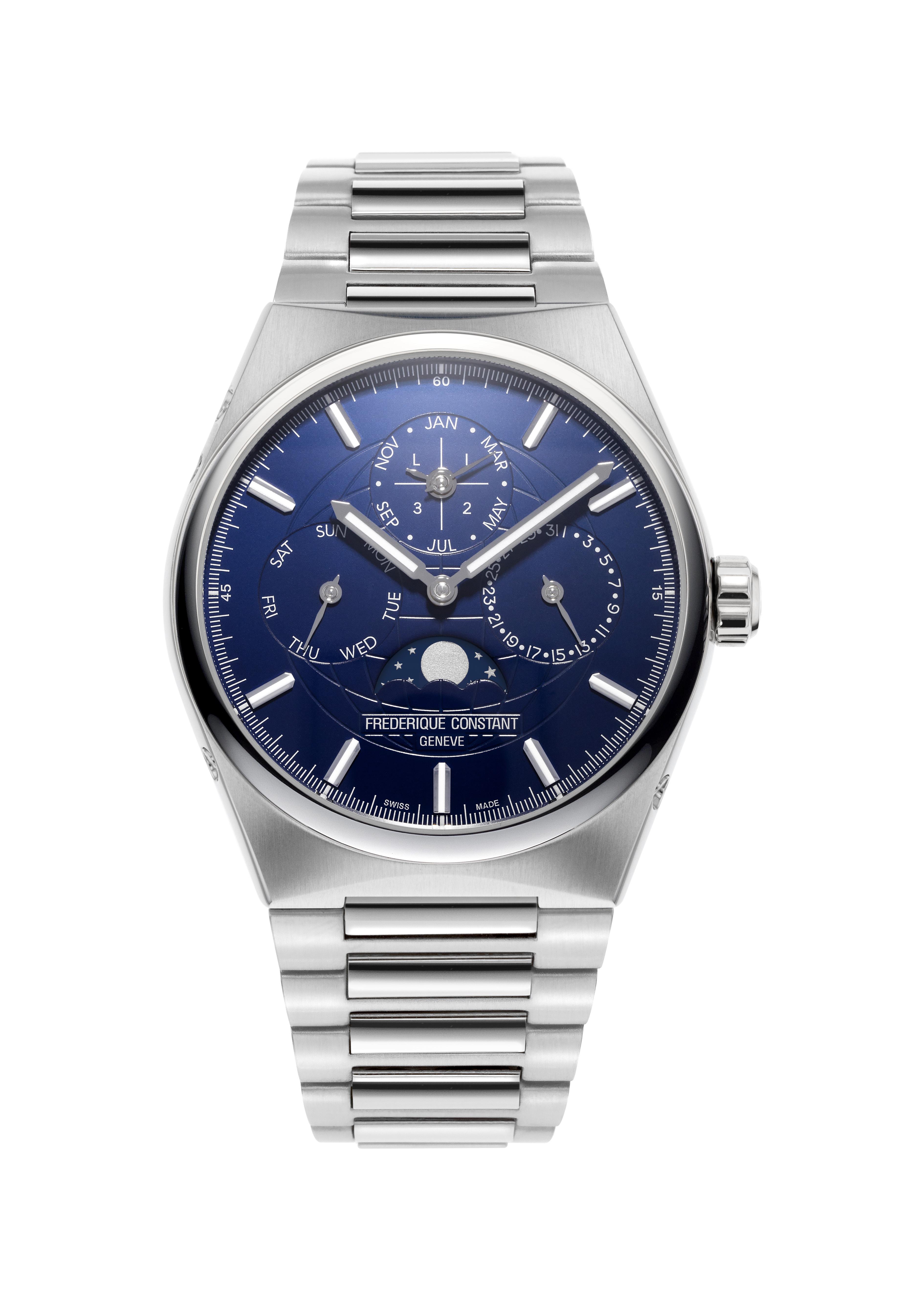 Mens Frederique Constant Highlife Perpetual Calendar Stainless Steel Bracelet watch,  Blue dial