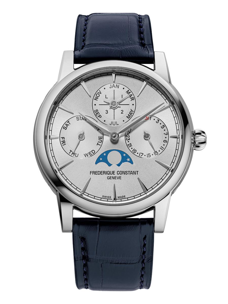 Men's Perpetual Calendar Manufacture Genuine Crocodile Strap watch, Silver-Tone dial