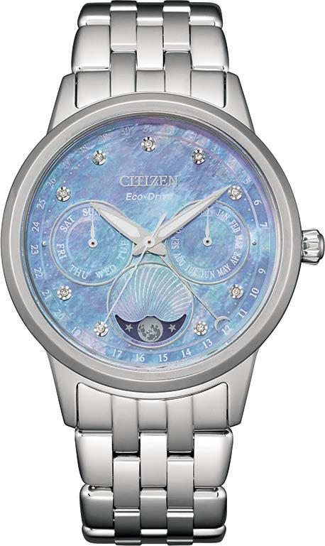 Ladies Calendrier Eco-Drive Silver-Tone Stainless Steel Watch Blue MOP Dial