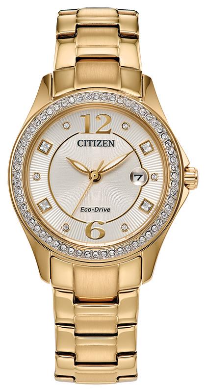 Ladies' Silhouette Crystal Eco-Drive Gold-Tone SS Watch, Champagne Dial