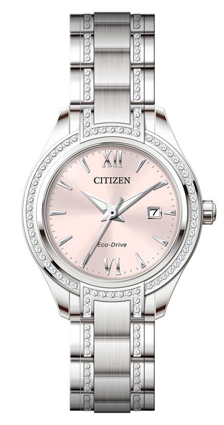 Ladies' Silhouette Crystal Eco-Drive Silver-Tone Stainless Steel Watch, Pink Dial