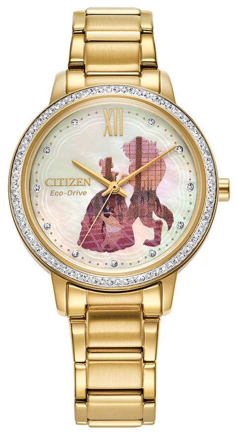 Ladies' Belle and Beast Eco-Drive Gold-Tone Stainless Steel Watch, MOP Dial