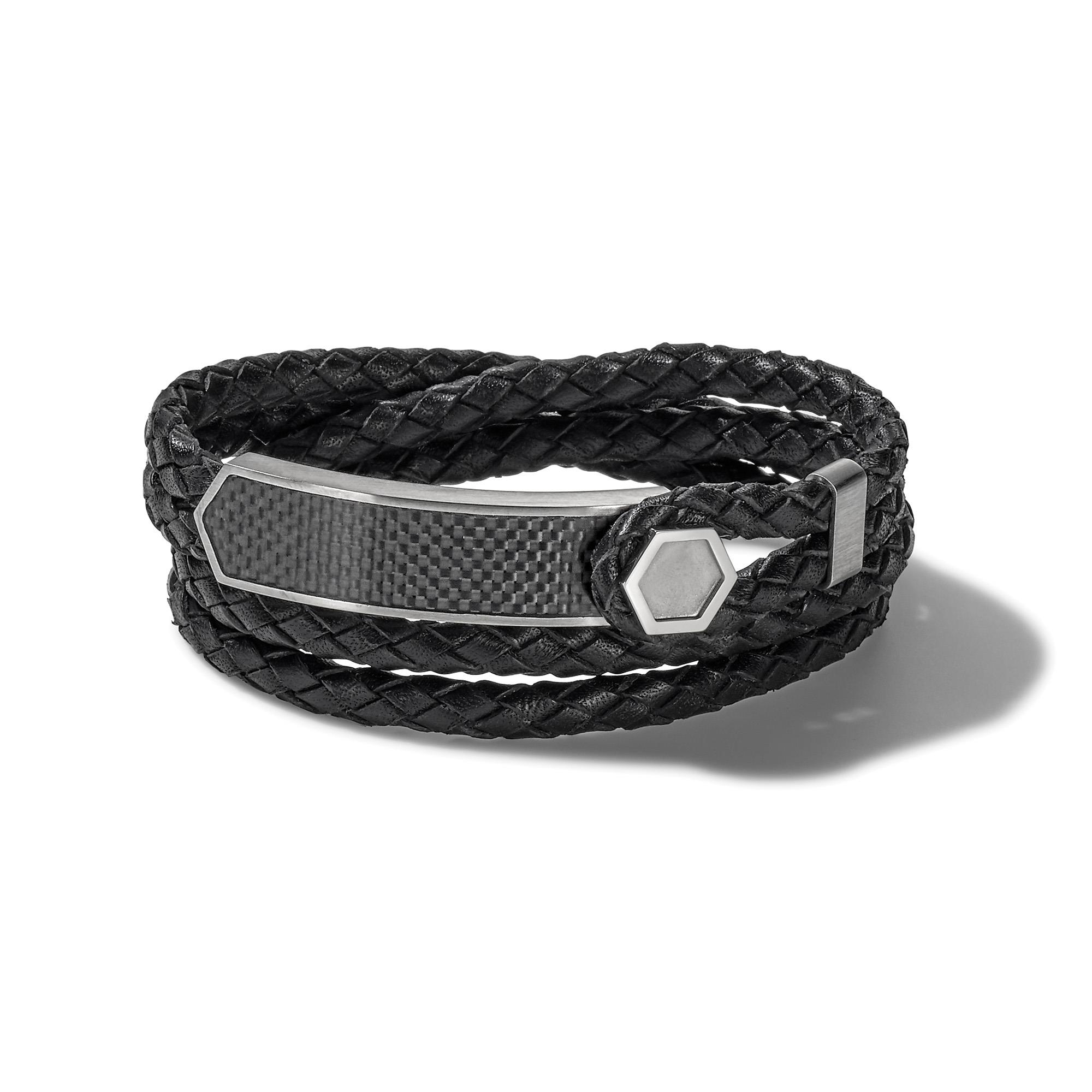 Double Wrap Braided Black Leather and Stainless Steel Bracelet - Medium