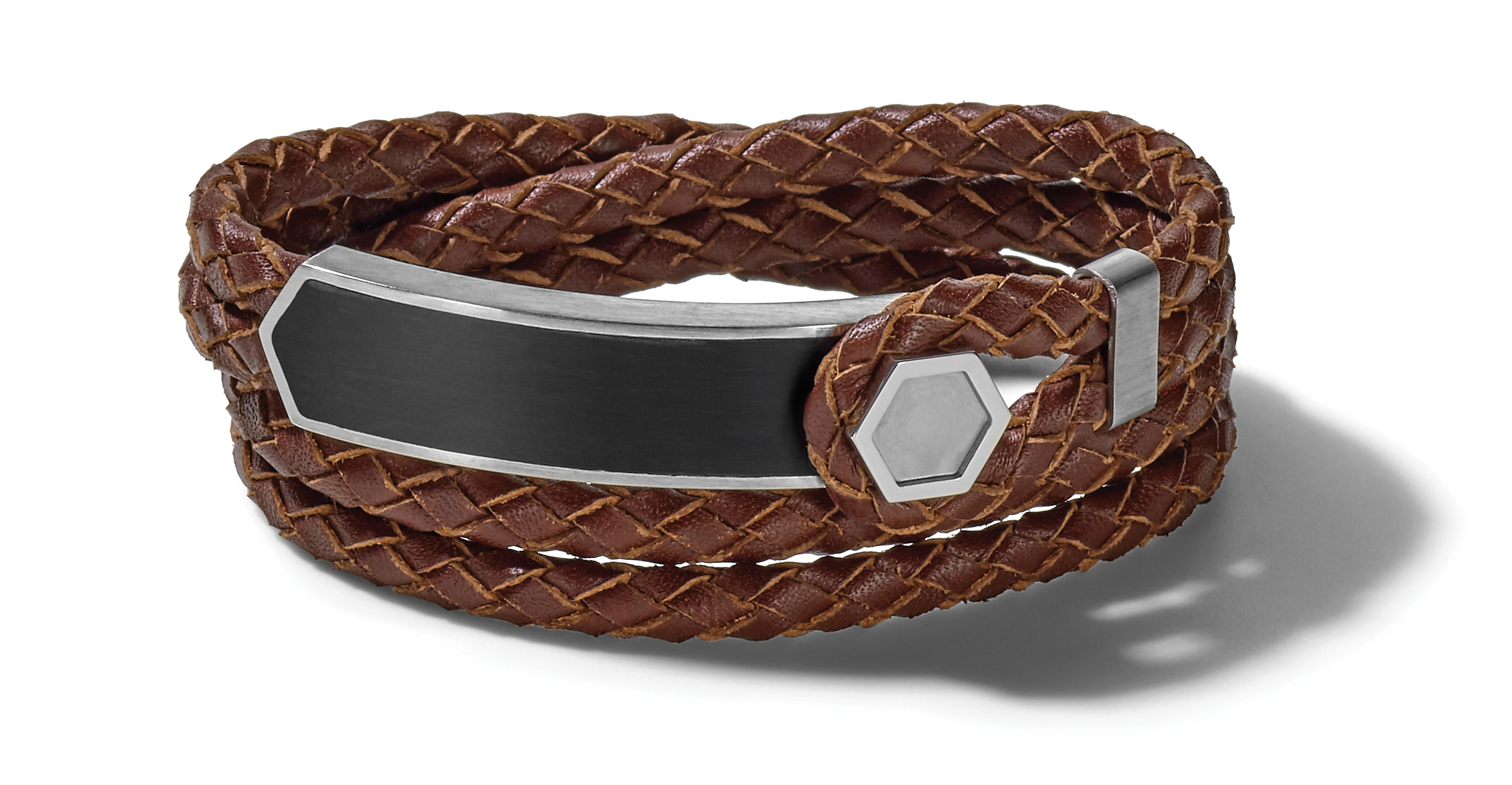 Double Wrap Bracelet: Braided Brown Leather and Stainless Steel - Medium