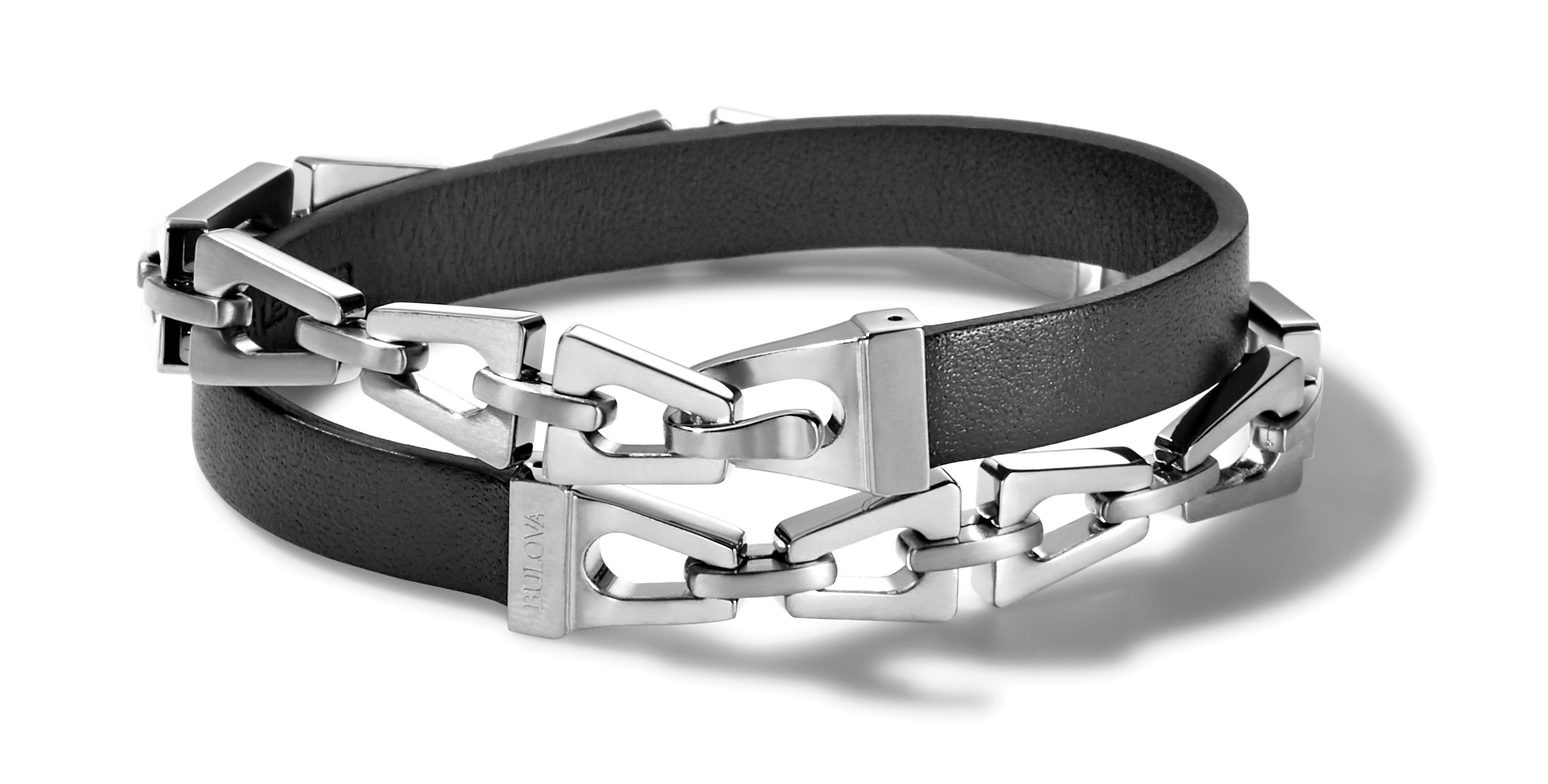 Classic Black Leather & SS Tuning Fork Double Wrap Bracelet - Medium