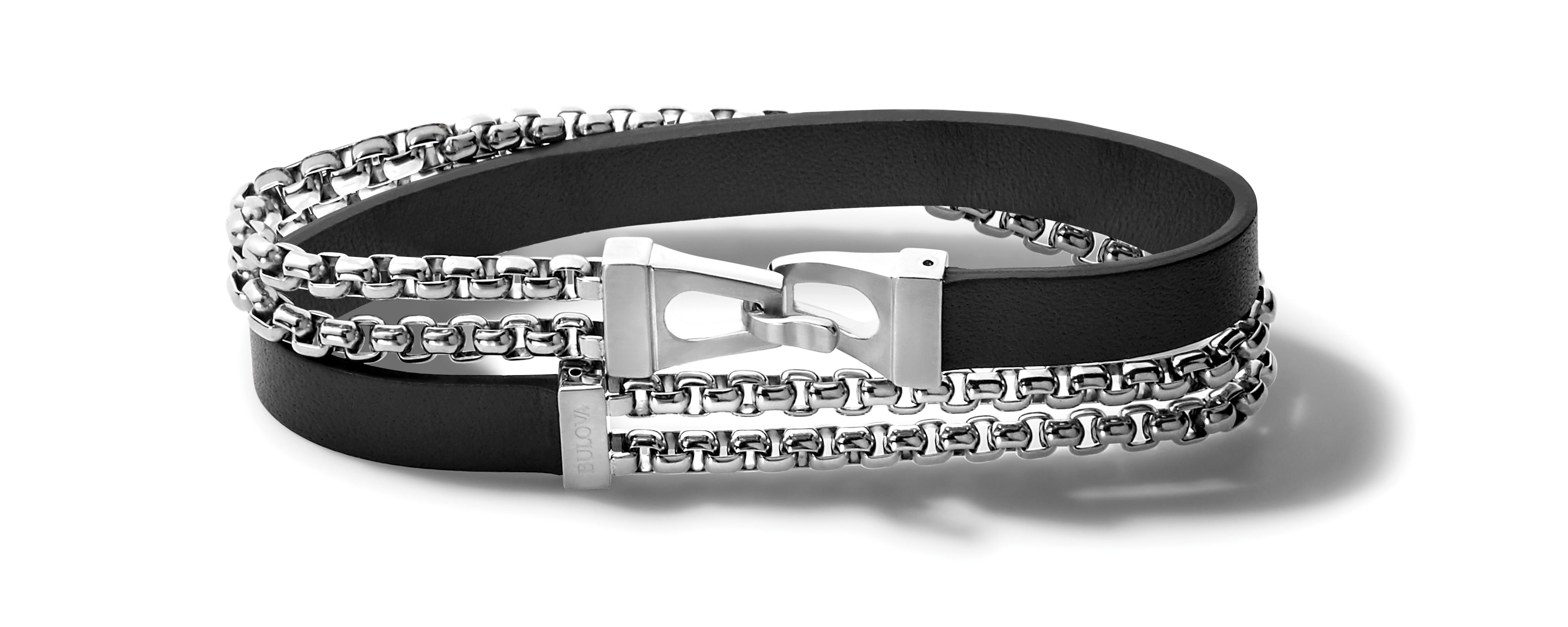 Classic Black Leather & SS Box Link Chain Double Wrap Bracelet - Large