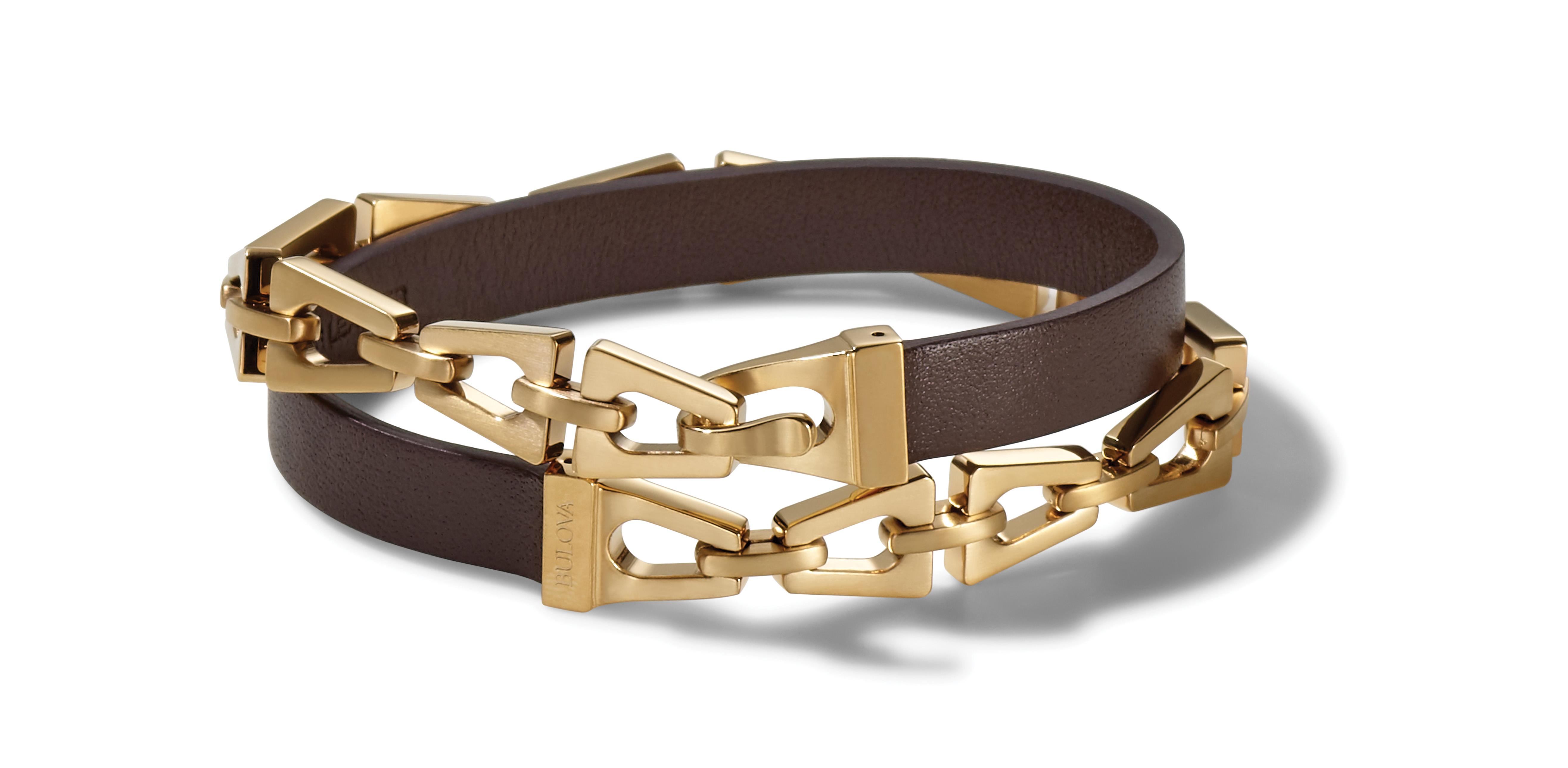 Double Wrap Bracelet: Goldtone Links and Brown Leather - Large