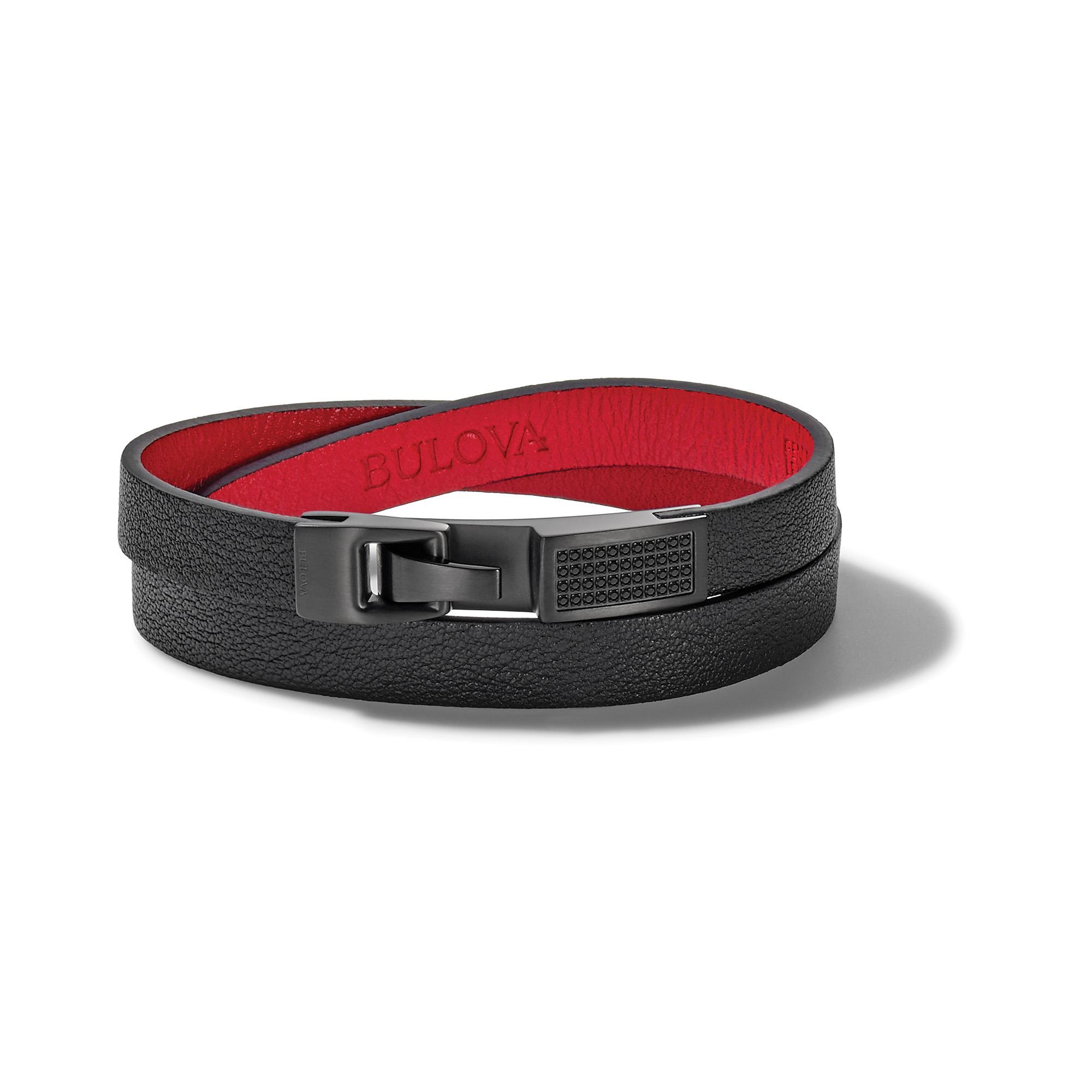 Double Wrap Bracelet: Black Diamonds, Red/Black Leather - Large