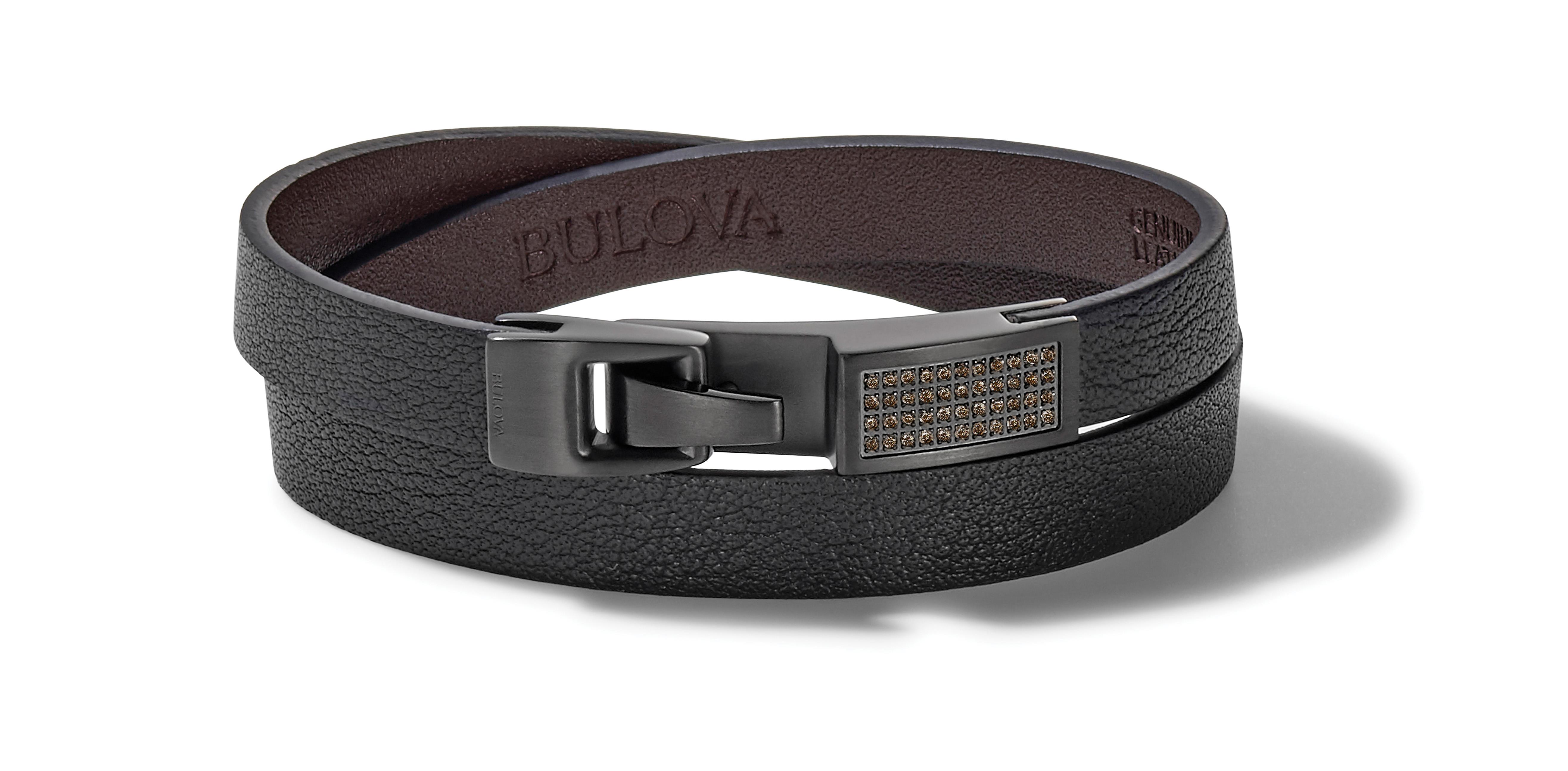 Double Wrap Bracelet: Cognac Diamonds, Brown/ Black leather Leather - Large